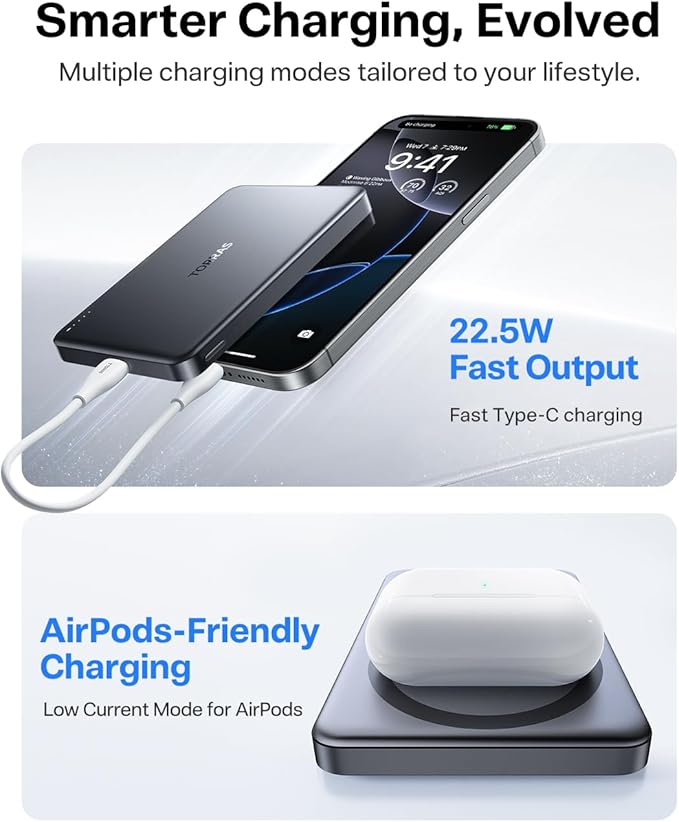 TORRAS MiniMag Power Bank,Ultra-Slim 10,000mAh Magnetic Wireless Portable Charger, 22.5W Fast Charging iPhone Air Magnetic Battery Pack Designed for iPhone 17 Pro Max/17 Pro/Air/16/15/14/13/12, Gray