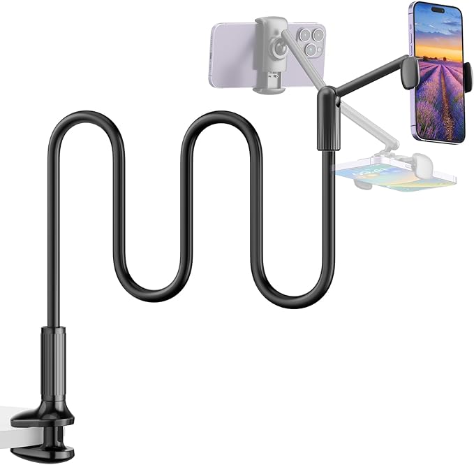 SAIJI Gooseneck Phone Holder for Bed, 360° Rotate Support Rod One-Hand Adjustable Cell Phone Stand, Compatible with All 4.7-7" Devices (Black)