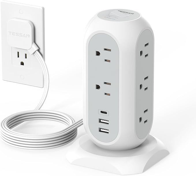 Tower Power Strip Flat Plug with 11 Outlets 3 USB (1 USB C), TESSAN Surge Protector Tower 1625W/13A,1050J Protection, 6 Feet Extension Cord with Multiple Outlets, Office Desk Supplies, Dorm Essentials
