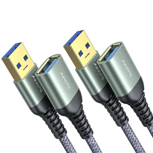 AINOPE 2 Pack USB Extensions Cable High Speed USB 3.0 Extension Cord Type A Male to Female Sturdy Braided Material Fast Data Transfer Compatible with USB Keyboard,Mouse,Flash Drive,Grey,1.5FT+1.5FT
