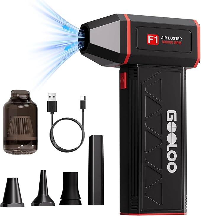 GOOLOO F1 Compressed Air Duster,4 Gear 160000RPM Electric Air Duster, Rechargeable Cordless Air Blower with LED Light, Mini Blower Desk Vacuum Cleaning Kit for Computer Keyboard Home Car Dust Removal