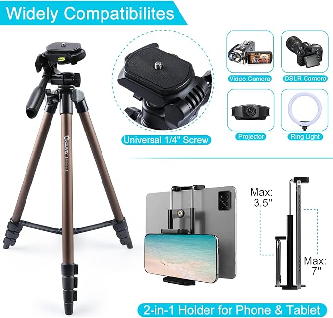 Endurax 60'' Tripod for Camera Canon Nikon DSLR, Camera Phone Tripod with Universal Holder, Carry Bag, Max. Load 6.6 lbs