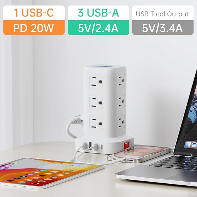 PD 20W USB C Surge Protector, Mini Power Strip Tower Travel 12 AC 4 USB Power Strip with USB Ports 6.5FT Overload Protection for Home Office