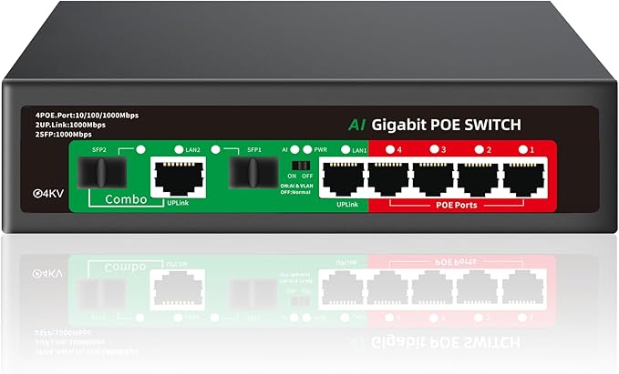 STEAMEMO 8 Port Gigabit Ethernet Unmanaged PoE Switch, 4 Gigabit PoE+ @65W Built-in Power, 2 Uplink Gigabit Port + 2 SFP Slot, VLAN Mode, 802.3af/at, Desktop/Wall-Mount, Plug & Play