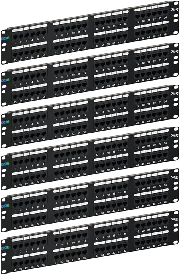 ICC CAT6 Patch Panel, UL Listed & PoE++ Rated Gigabit Applications, Rackmount 48 Port 2U 19-Inch Network Patch Panel with Rear 110 IDC Terminal Blocks for Gigabit Network Switch, Black, Pack of 6