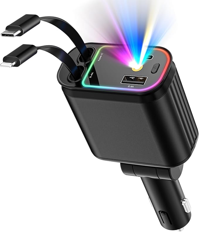 Car Charger with Starlight, 66W USB C Fast Car Chargers Adapter, 4 in 1 Retractable Car Charger with 2 USB Ports for iPhone16/15/14/13/12/11 and for Android (Black)