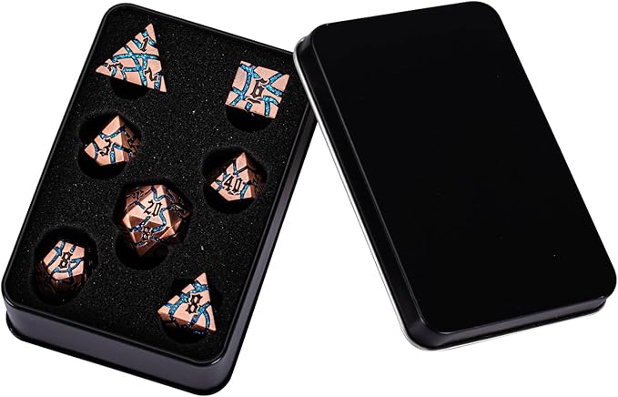 Dice Set D&D Dungeons and Dragons Dice D20 Metal DND Dice Set with Box, Polyhedral Role Playing Dice D12 D10 D% D8 D6 D4 for MTG RPG Board Games(Antique Copper Bright Blue)