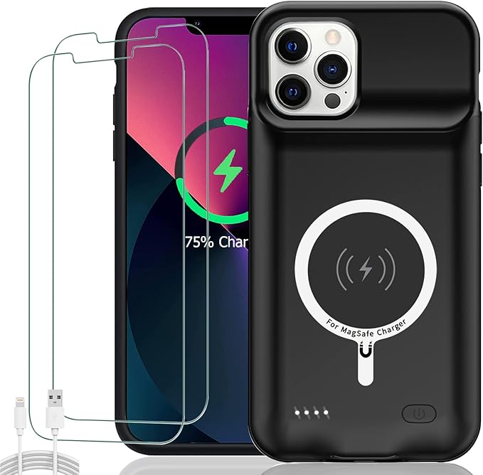 Battery Case for iPhone 12 Pro/ 12 , Upgraded 10000mAh Rechargeable Portable Extended Battery Pack Supported Qi Wireless Charging Case Compatible with iPhone 12 Pro/12 (6.1 inch) Charger Case (Black)