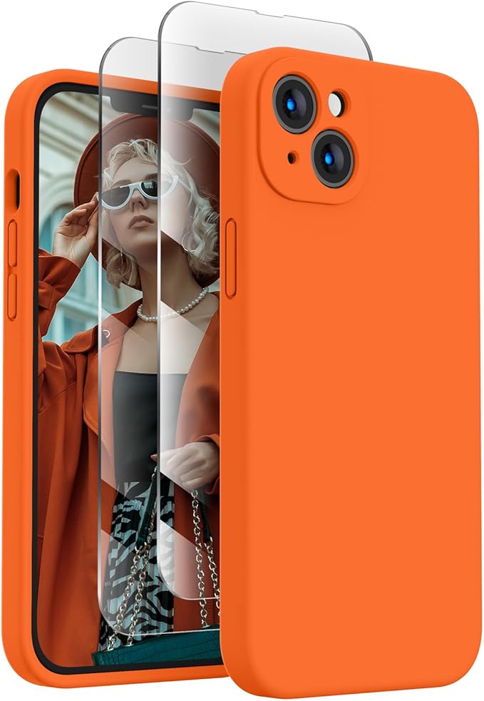 FireNova Designed for iPhone 13 Case, Silicone Upgraded [Camera Protection] Phone Case with [2 Screen Protectors], Soft Anti-Scratch Microfiber Lining Inside, 6.1 inch, Neon Orange