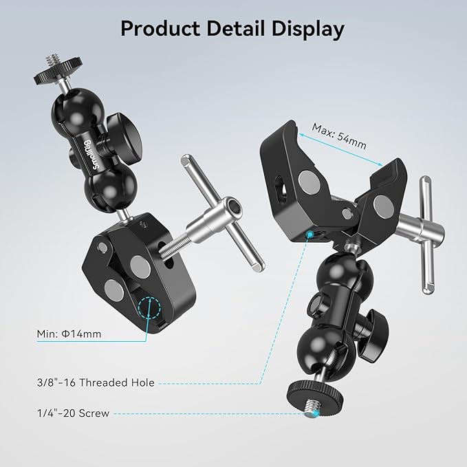 SMALLRIG Super Camera Clamp Mount, Double Ball Head Magic Arm Adapter, Fence/Desk/Tripod Mount for Monitor/Light/Camera, for Insta360, for Gopro