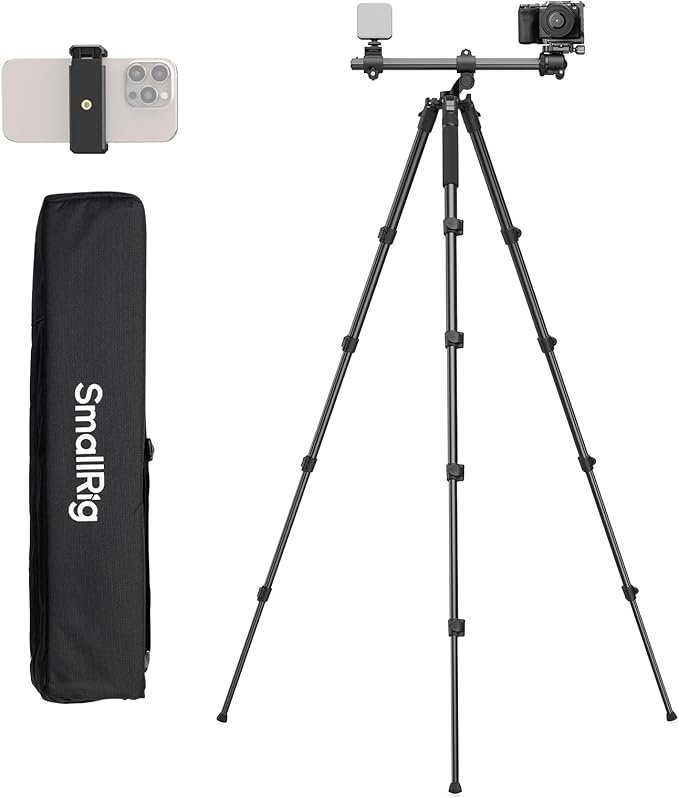SmallRig CT25 64.5"/164cm Horizontal Overhead Tripod for Camera with Smartphone Holder & Carrying Bag, 22lb Max Load Aluminum Horizontal Camera Tripod for Overhead Shots