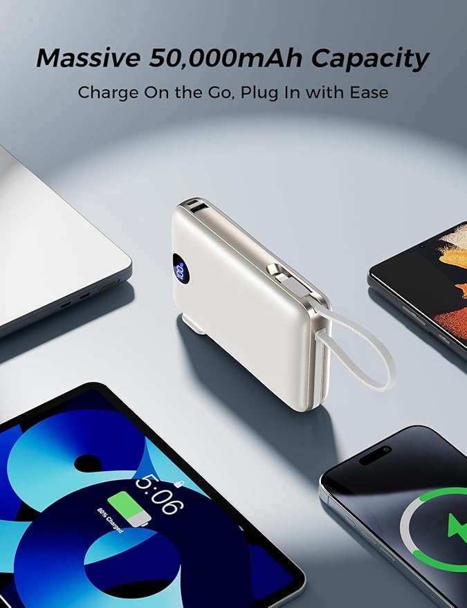 Portable Charger with Built in Cable & Wall Plug, 50000 mAh Power Bank, 22.5W Fast Charging, 4 Outputs, Travel Essential Battery Pack with LED Display for iPhone 17/16/15/14 Series, Samsung, iPad etc