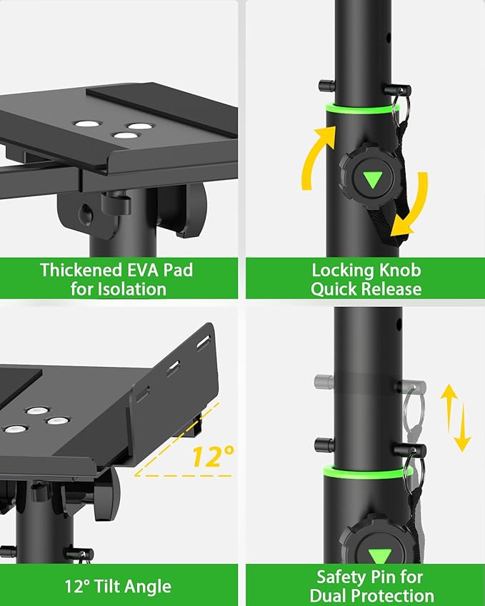Set of 2 Dual Side Clamping Studio Monitor Stands Desk Clamp Speaker Stands 0-12°Tilt Height Adjustable Extendable Top Plate Mounted by Screws