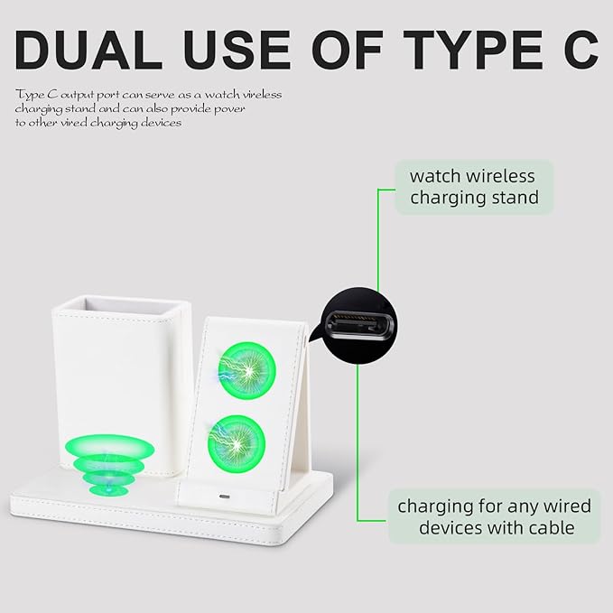 White Leather Pen Holder Desk Organizer with 3-in-1 Wireless Charger for Phone, Earbuds, Watch - Desktop Phone Stand,birthday gifts for women,mom gifts (white)
