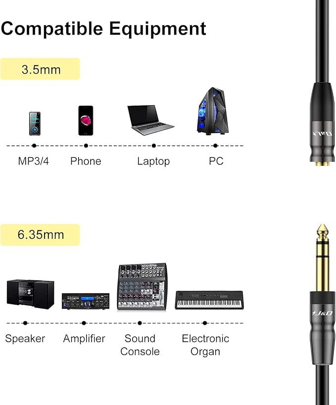 J&D 1/4 inch to 3.5mm Headphone Adapter, Heavy Duty Copper Shell Connecter Joint 3.5mm 1/8 inch Female TRS to 6.35mm Male TRS Stereo Audio Extension Cable, 9 Feet