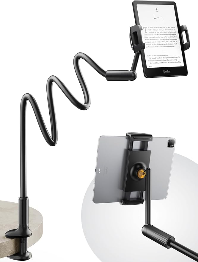 SAIJI 47" Gooseneck Kindle Holder, Tablet Holder for Bed with Upgraded Base, iPad Stand with Flexible Lazy Arm, Compatible with iPad/iPhone/Kindle/Switch or Other 4.7-13" Device (Black)