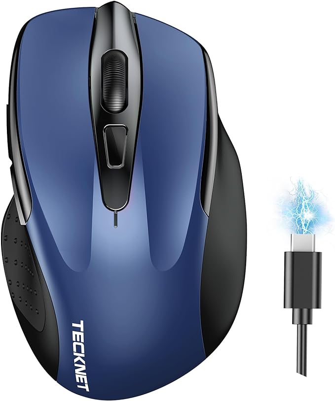 TECKNET Wireless Mouse (BT5.0/3.0 & 2.4G) Rechargeable 4800 DPI Silent USB A & Bluetooth Mouse 6 Buttons, Wide Compatibility - Blue