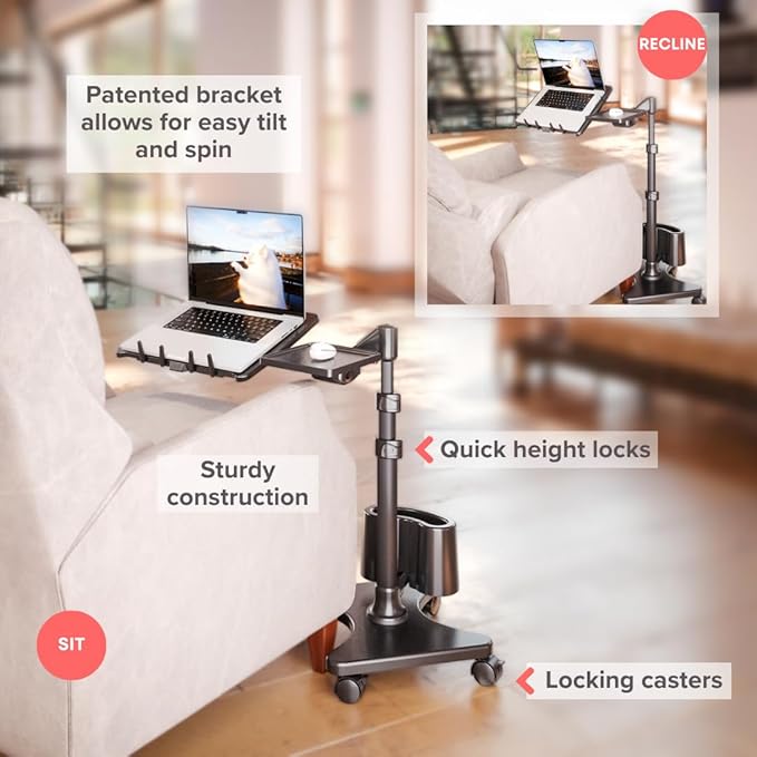 LEVO G2 Deluxe Adjustable Laptop Stand – Rolling Computer Desk & Ergonomic Table for Bed, Sofa, or Office – Portable Mobile Workstation with Tilt – Fits Devices up to 16″ - Charcoal & Black