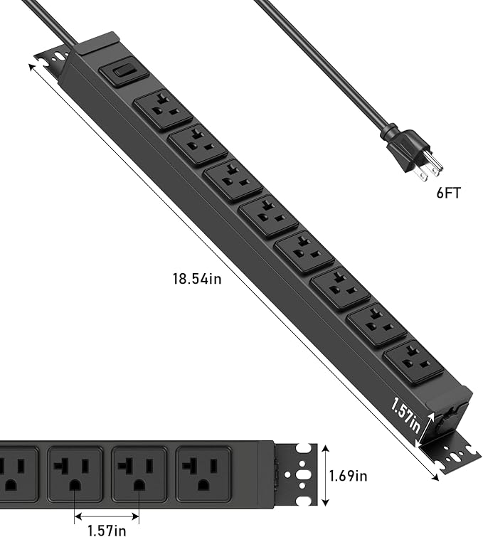 JUNNUJ Heavy Duty Power Strip Wall Mount, 20 Amp Surge Protector 1200J Metal 8 Outlet Under Desk Mounted 20A, Garage Power Table Socket Industrial Outlets 6-20R T-Slot, Black-6FT 12AWG Extension Cord