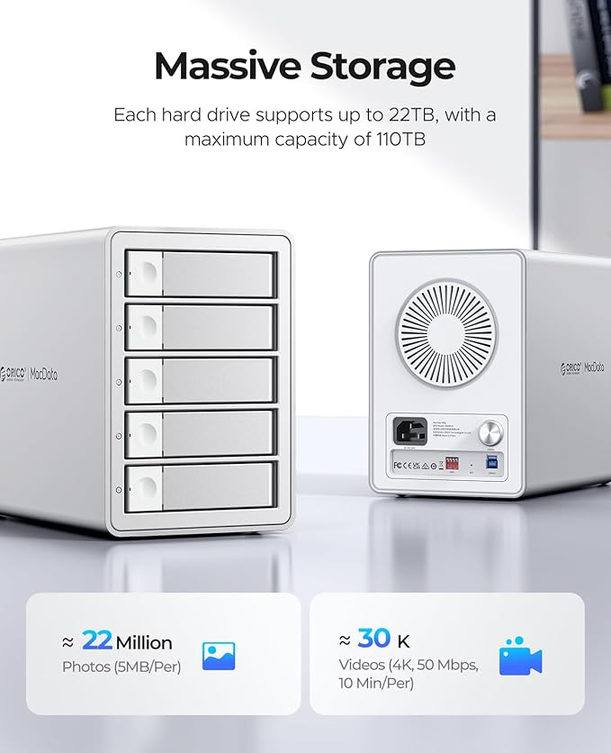 ORICO 5Bay RAID External Hard Drive Enclosure for 2.5/3.5 Inch SATA HDD/SSD up to 5X 24TB, USB3.0 Type-A Hard Drive Docking Station, Supports RAID 0/1/3/5/10/JBOD/Clone/ClearMode -9958RU3