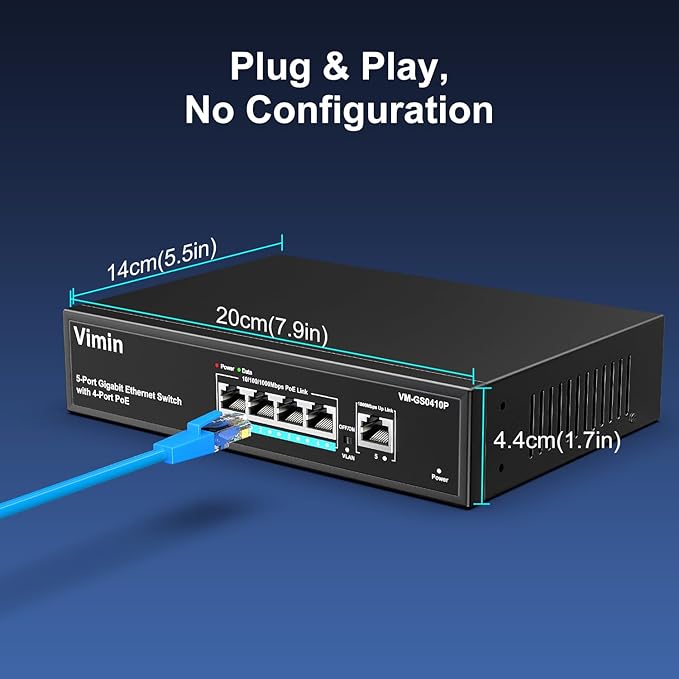 4 Port Gigabit PoE Switch with 1 Uplink Gigabit Ports, VIMIN 5 Port Unmanaged Ethernet PoE Switch with 72W Power, Support IEEE802.3af/at, VLAN, Metal Housing, Desktop or Wall-Mount, Plug & Play