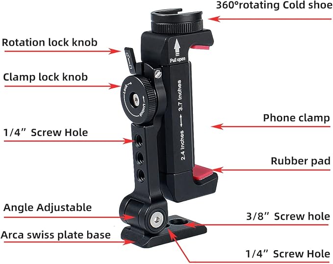 Metal Phone Tripod Mount w Rotatable Cold Shoe for Micphone Easy Use,Compatible with iPhone Tripod Adapter, Cell Phone Mount Holder,Hot Video Creater Vlogging Rig