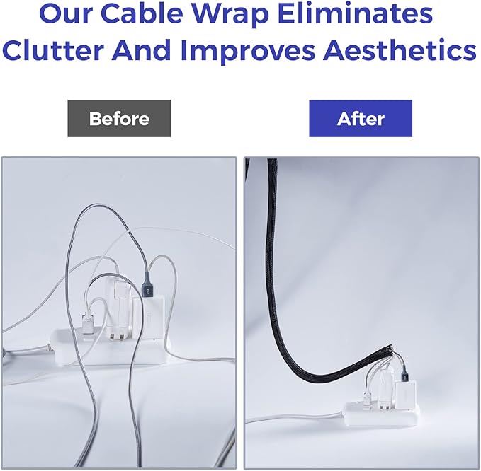 Cable Management Sleeves 1in - 2 Pack 6.6ft Split Braided Sleeve Black, Protectors From Pets, Wire Organizers, Flexible Wrap for Computer Cord Management