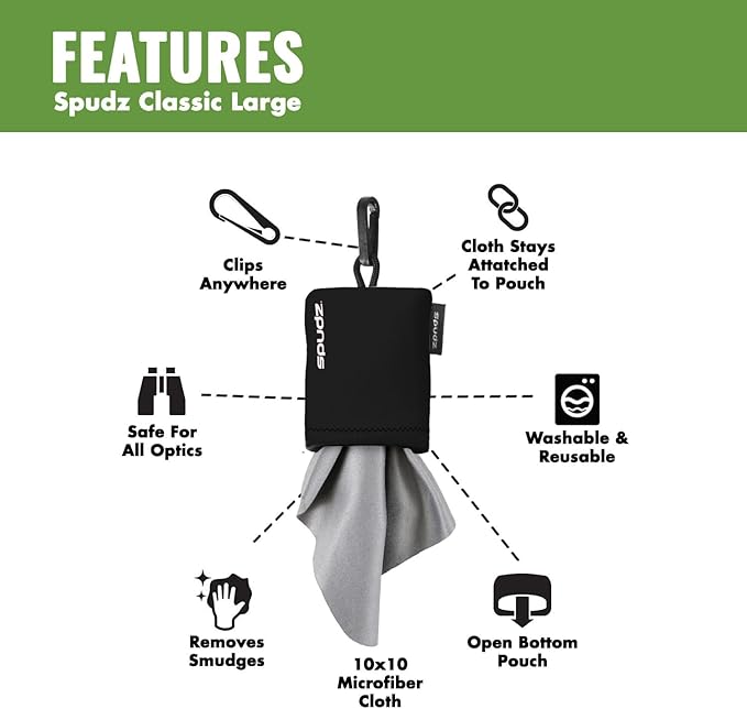 SPUDZ Classic Microfiber Lens Cleaner – Clip-On Pouch, Washable – for Binoculars, Scopes, Glasses, Screens | Stealth Shadow, 6 x 6 Inch (2-Pack)