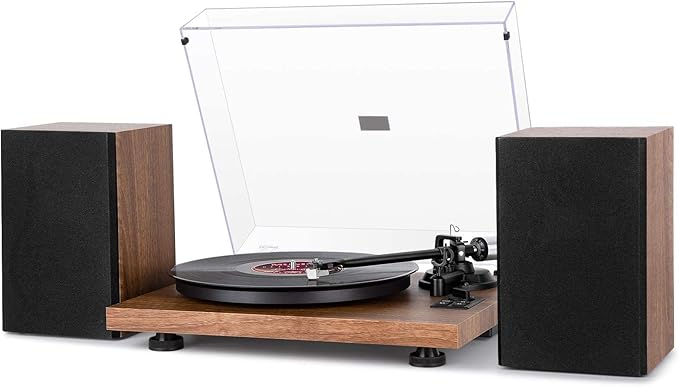 1 by ONE Bluetooth Turntable HiFi System with 36 Watt Bookshelf Speakers, Patend Designed Vinyl Record Player with Magnetic Cartridge, Bluetooth Playback and Auto Off