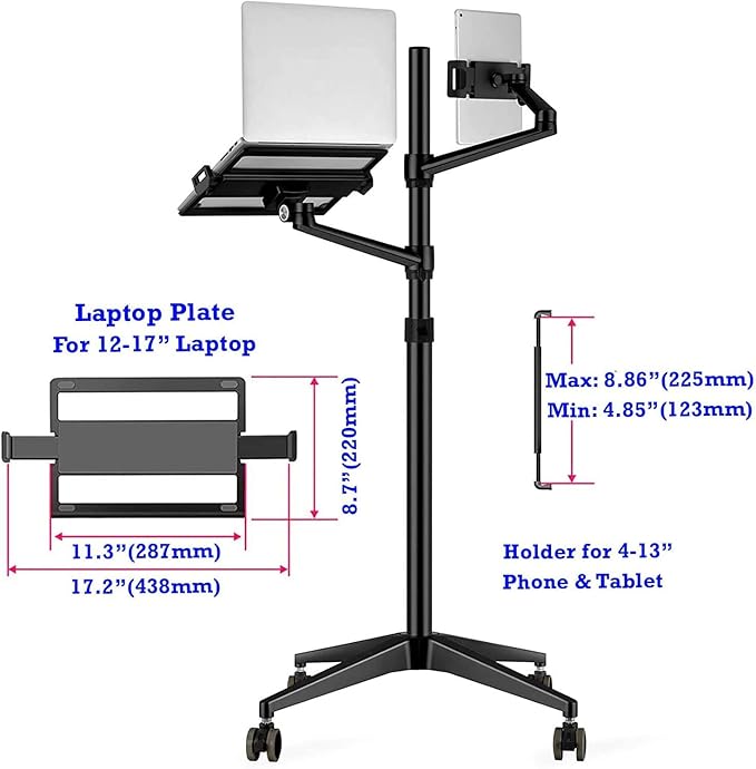 Triple arm Height Adjustable Stand Mount with Rolling Wheel for Laptop(11-17 inch) and Compatible with ipad iPad pro 12.9 inch/Tablet/Ereader (Black)