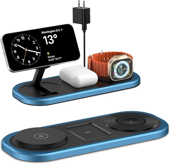 3 in 1 Fast Wireless Charger Stand for iPhone, Foldable Travel Charging Station for Magsafe for iPhone 17/Air/16/15/14/13/12 Series, Apple Watch Series, AirPods pro/2/3/4, Gifts for Women Men (Blue)