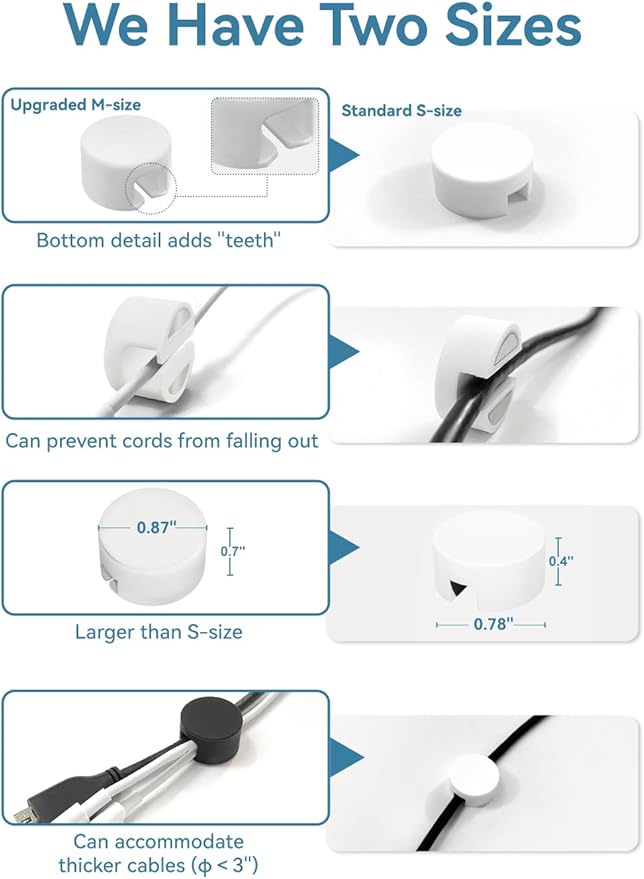 Maveek Magnetic Cable Clips White, Cord Organizer Magnet Silicone Cord Management Charging Cable Holder for Metal Desk, File Cabinet, Home and Office, with Extra Adhesive Plates (5 Piece, Large Size)