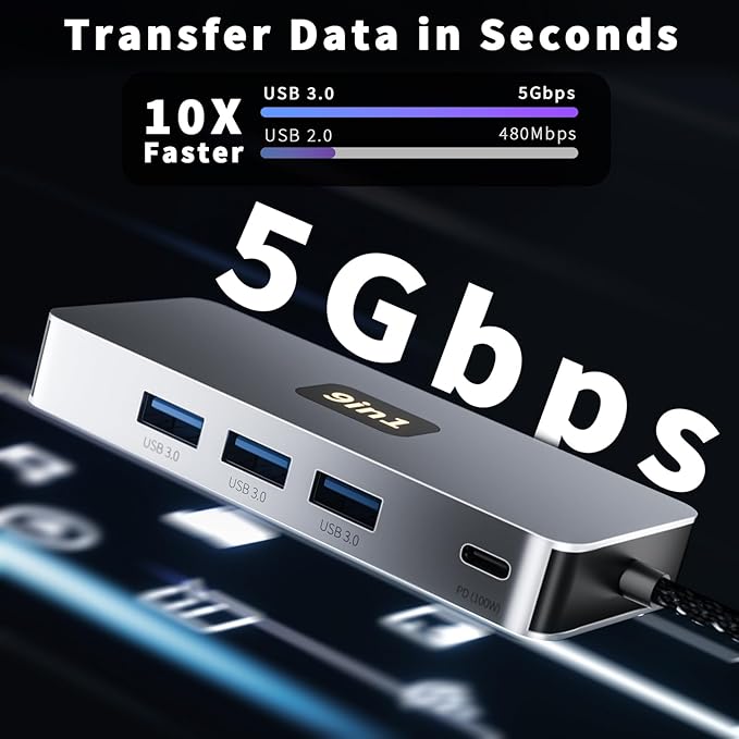 USB C Hub, 9 in 1 USB C to 4K@60HZ HDMI Multiport Adapter, RJ45 Gigabit Ethernet, 3 USB 3.0 Ports, SD/TF Card Reader, PD 100W, Desigend for MacBook Pro Air HP XPS and Other Type C Devices