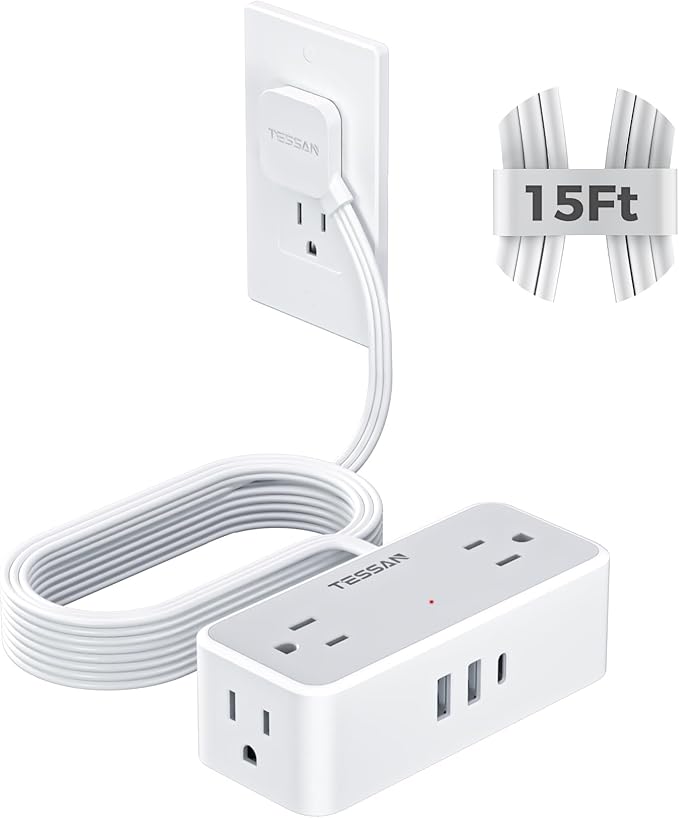 Flat Extension Cord 15 FT, TESSAN Surge Protector Power Strip with 4 AC Outlets 1 USB C and 2 USB A Ports, 900 Joules Protection, Multiple Wall Plug Outlet Extender Suitable for Home Office Dorm