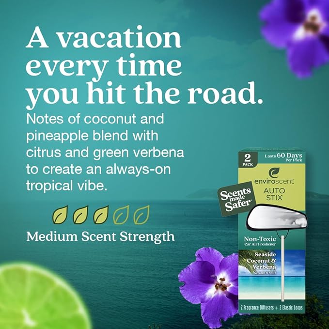 Enviroscent Non-Toxic Car Air Freshener (Seaside Coconut & Verbena) Natural Car Air Freshener | Essential Oil Diffuser | Car Scent Lasting Over 180 Days | 3 Packs of 2 Hanging Auto Stix