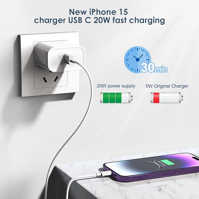 Fast Charging for iPhone 16 15 Charger,2Pack 20W USB C Wall Charger Travel Plug Block iPhone 15 Charging Cable for iPhone 16/16 Pro/16 Pro Max/16 Plus/15/15 Pro/15Pro Max/iPad Mini6/iPad Air4/iPad Pro