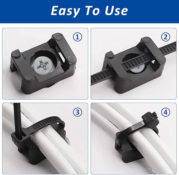 Cable Zip Tie Mounts Kit - 60 Set Wire Cable Clips Organizer Holders with 8" Cable Ties, Saddle Type Mounts Base and Tapping Screw, Black