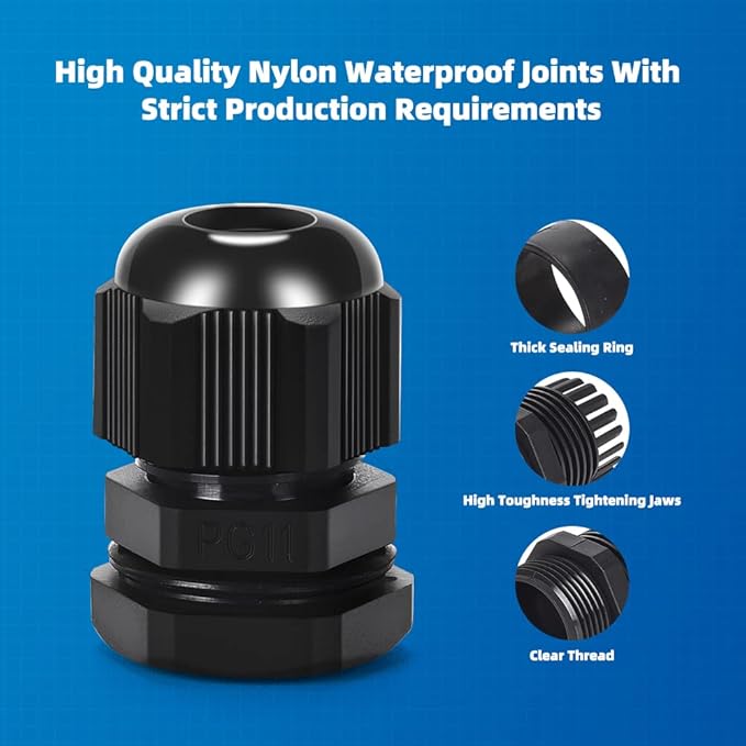 Cable Gland 20 Pack Plastic Waterproof Adjustable Connector 5-10mm PG11 Strain Relief Cord Connectors Joints Nylon with Gaskets
