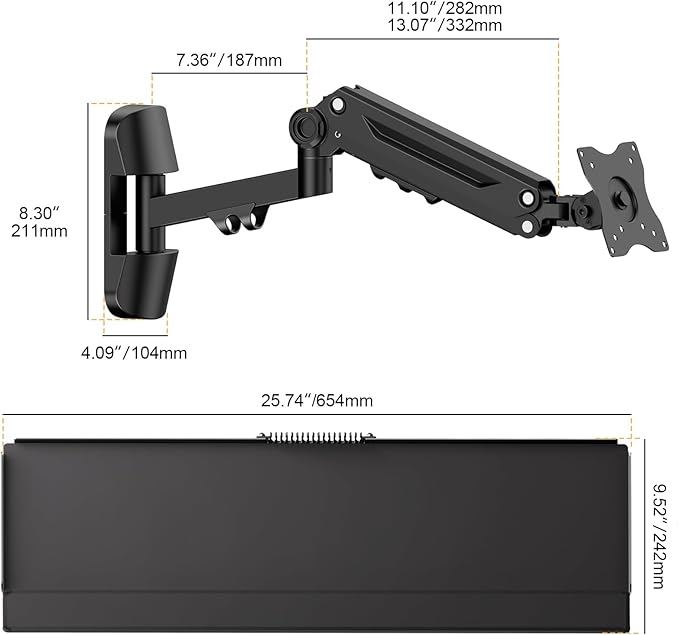 Wall Mount Keyboard Tray- Keyboard and Mouse Stand & Monitor Mount Arm,Height Adjustable Typing Platform Holds up to 26.4 lbs,Black