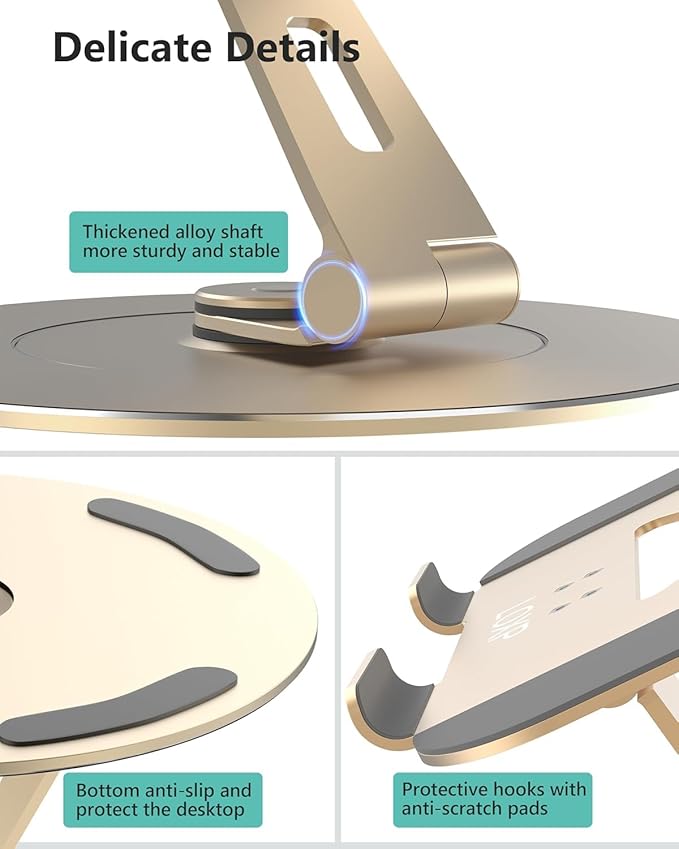Ultra-Stable Aluminumy Swivel Laptop Stand for Desk with Rotating Foldable Phone Holder, 300% Large Base Stability, Anti-Loosening,Suitable for 10"-17.3" Laptops, Champagne Golden