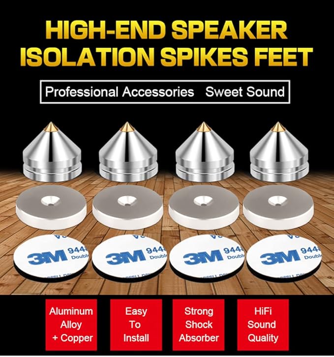 4Pcs Speaker Spikes Floor Protectors Shockproof Speaker Isolation Spikes with Base Pad for Speaker,Subwoofer,Amplifier,Turntable,Recorder CD DAC with 3m Adhesive (Silver)