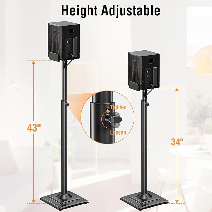 ELIVED Universal Speaker Stands Pair Height Adjustable Max 43.3", Surround Sound Speaker Stands for Bookshelf Speaker Satellite Rear Speakers Up to 11 lbs, Spring-Loaded Plate Extends to 10", YD5028