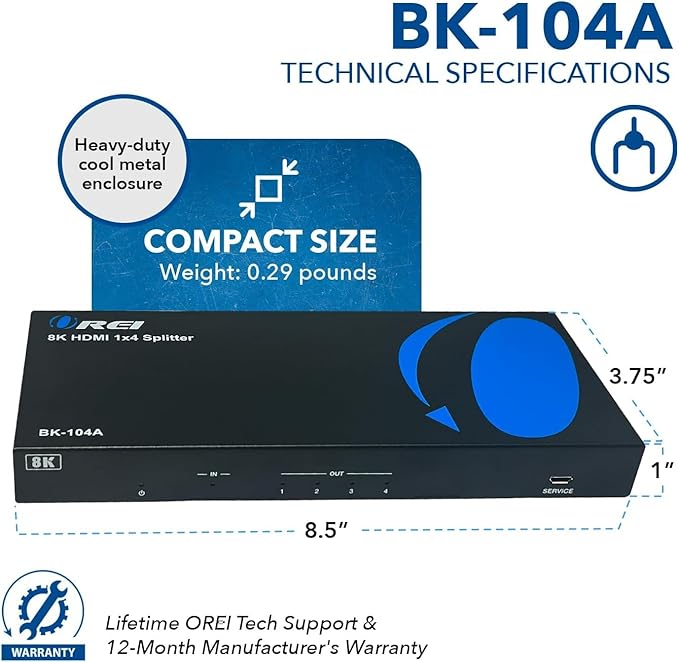 OREI 8K HDMI Splitter 1 in 4 Out, 1 x 4 Duplicate/Mirro Screen with Audio Extractor UltraHD Supports Upto 4K @ 120Hz IR EDID HDCP 2.3 for PS5, Xbox, NVIDIA (BK-104A)