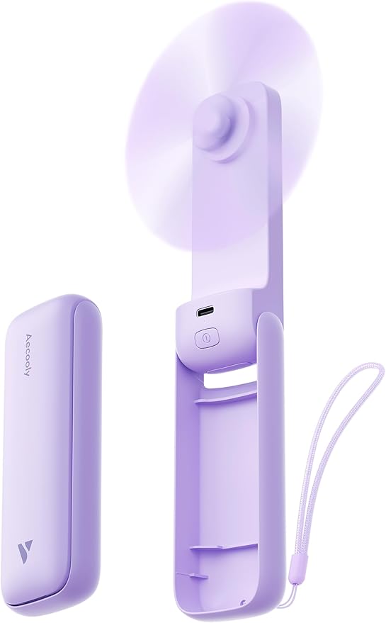 Aecooly Slim Portable Fan, Thin Handheld Fan, USB Rechargeable Mini Personal [24H Max Cooling Time], Battery Powered Small Foldable Pocket for Travel, Summer, Gifts for Women, Girls -Purple