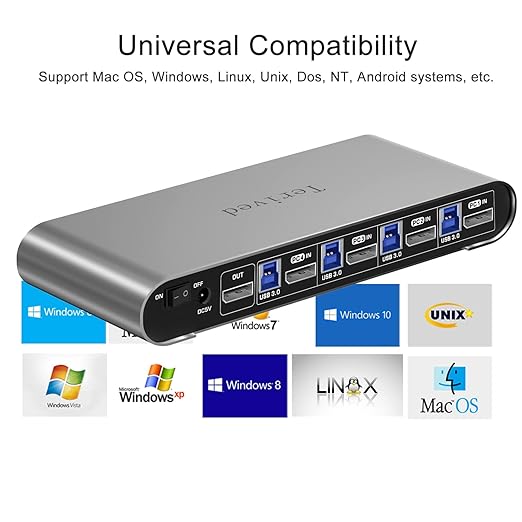 4 Computers 1 DP Monitor Automatic KVM Switch 4K@144Hz 8K30Hz with Complete Cable Set, Hotkey Switching, Support Audio Microphone and USB Hub, Aluminum Alloy Shell, Digital Display, HDR10
