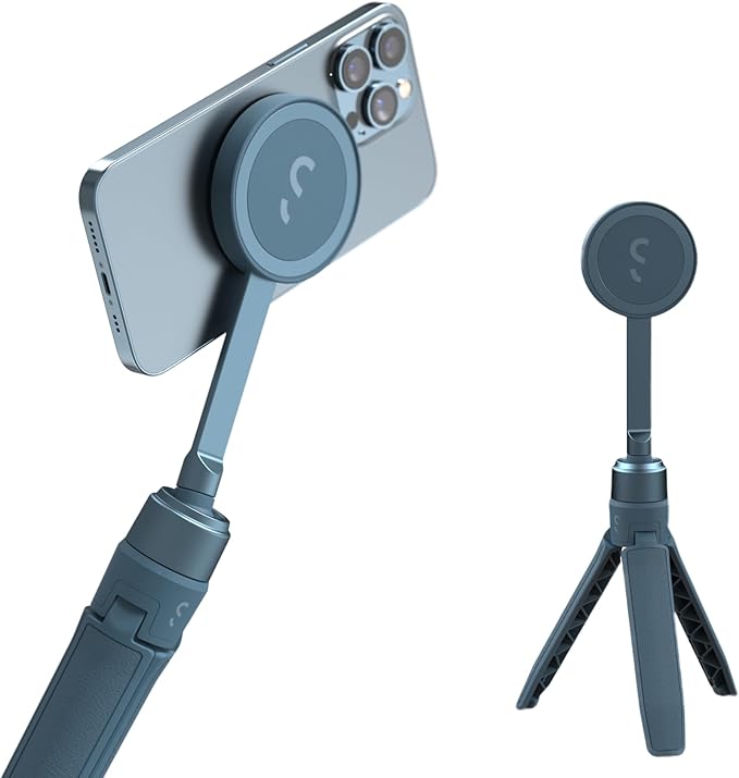ShiftCam SnapStand Mini - Video Selfie Stick and MagSafe Tripod - Magnetic Mount Snaps on to Any Phone - Tiltable Design | Blue Jay