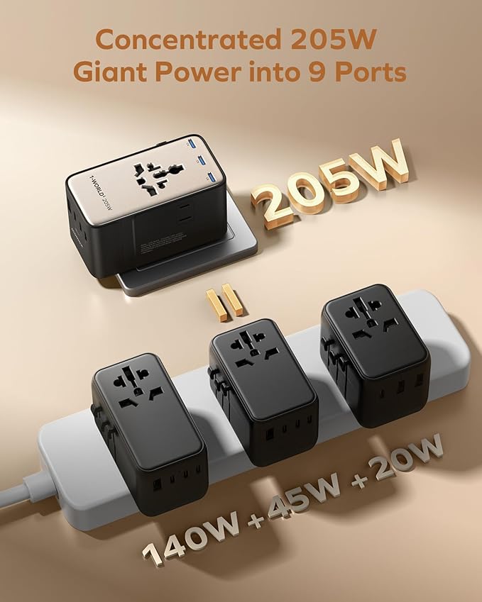 MOMAX GaN 205W Universal Travel Adapter, 9-in-1 European Travel Plug Adapter, 6 USB-C PD Fast Charging & 1 USB-A QC, 2 AC, International Power Adapter UK AUS JP, Travel Essentials
