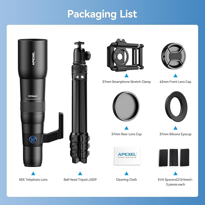 APEXEL 50x High Power HD Telephoto Lens | with Tripod & Universal Phone Clip for iPhone 16/15/14/13 Series, Samsung, Android and Most Smartphone | Landscapes Target Viewing, Wildlife Moon Photography