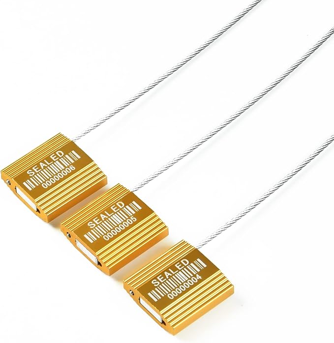 50 Yellow High Security Cable Seals with Barcode Pull Tight Numbered Steel Security Seals Metal Container Seals Anti-Tamper Shipping Self-Locking Tags for Logisitics ISO 17712 Certificated