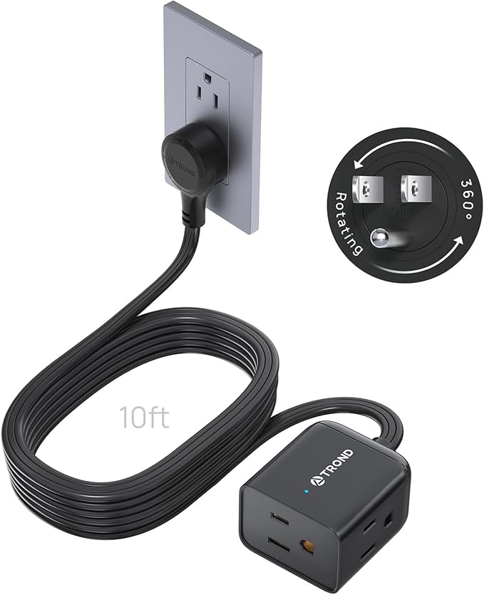 TROND 360° Rotating Flat Plug Extension Cord 10ft, Low Profile Small Power Strip, 3 Side Grounded Outlet, 13A, SPT 16/3 Gauge Cable for Indoor Home Office Kitchen Cruise Travel Essentials, Black